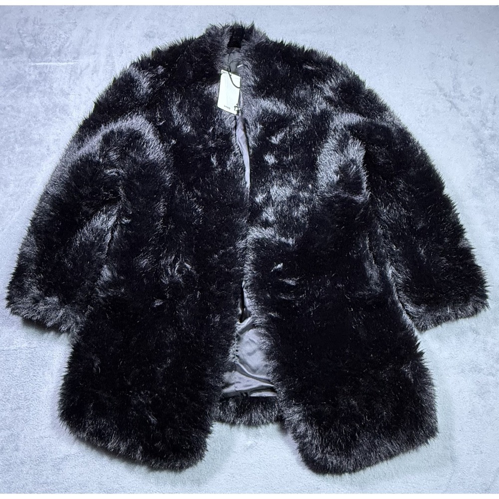 Mango MNG Jacket Womens XS Abrigo Cruela Faux Fur Black Open Front Boho NEW